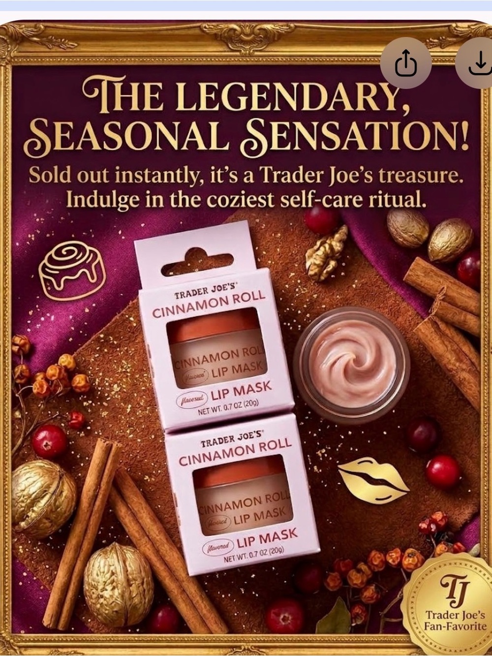 ✨ LIMITED EDITION ✨ Trader Joe’s Cinnamon Roll Flavored Lip Mask (Set of 2)